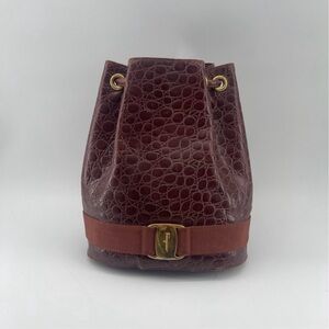 Salvatore Ferragamo Burgundy Croc-Embossed Leather Bucket Bag with Gold Hardware